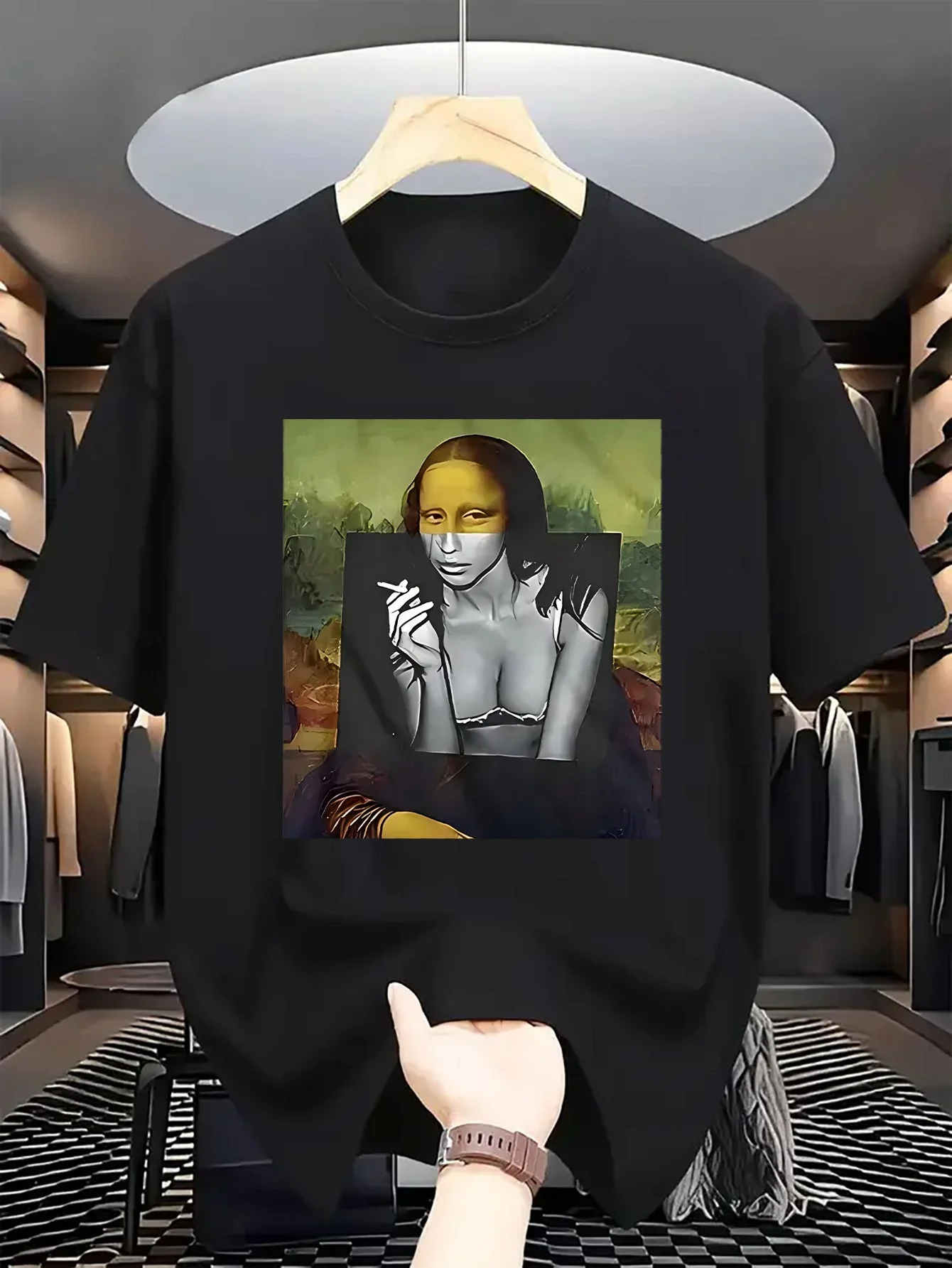 الرجال الإبداعية الموناليزا الفن تي شيرت مطبوع مضحك الفكاهة الرجعية قصيرة الأكمام لينة تنفس قصيرة الأكمام الشارع Harajuku الهيب هوب