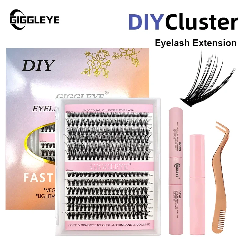 Giggleye Extension ciglia fai da te 240 pezzi 30 d40d Lash Clusters con strumenti per ciglia Bond e Seal Lash Glue Remover colla accessori