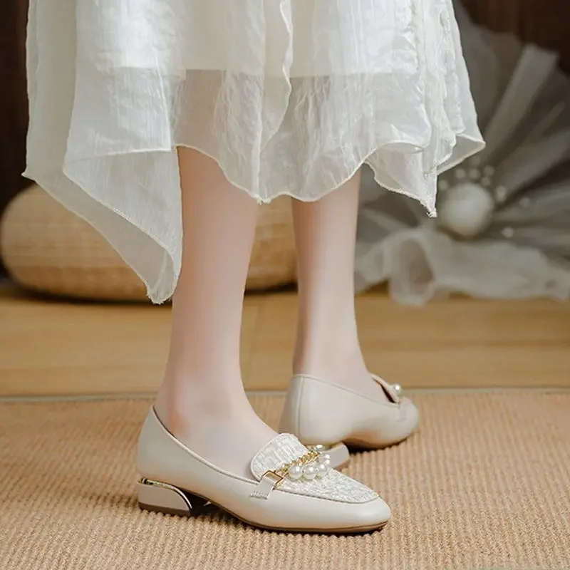With Medium Heels Pearl Women's Shoes Square Toe Ladies Pumps 2025 Trend On Sale E Promotion Hot Offer Casual Shoe Wholesale