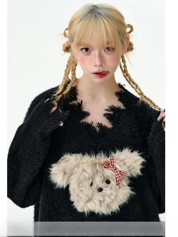 

Оригинальный женский свитер из искусственного меха Lazy Dog Tear от Yang Er Da Meng Commute Sle Loose Fit V-Ne Long Sve