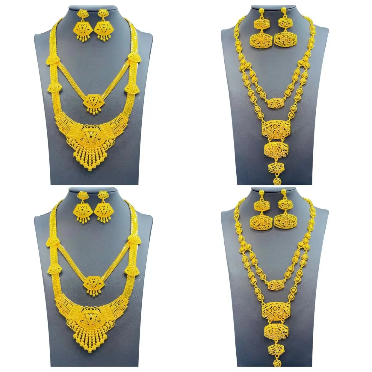 

Fine Dubai Gold Color Jewelry Set For Women Luxury Unique Pendant Necklace & Earrings Weddings Gifts Party Accessory