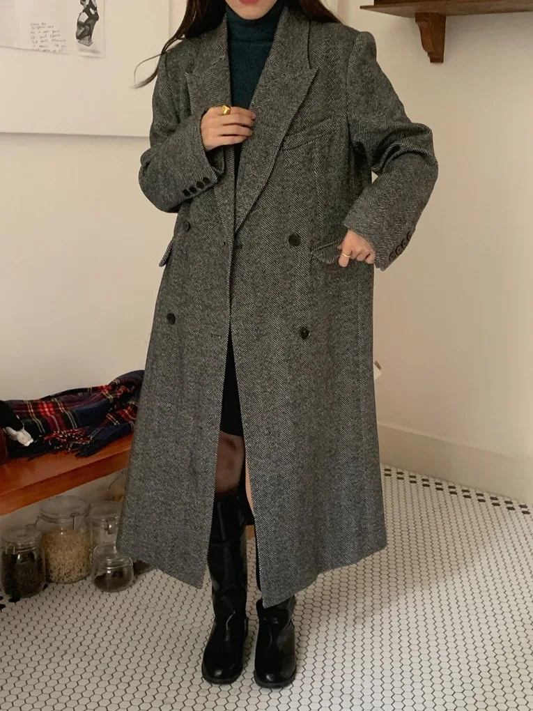 

Твидовый костюм в стиле ретро с узором «елочка», двубортное шерстяное пальто средней длины для молодых женщин, эксклюзивный онлайн-костюм