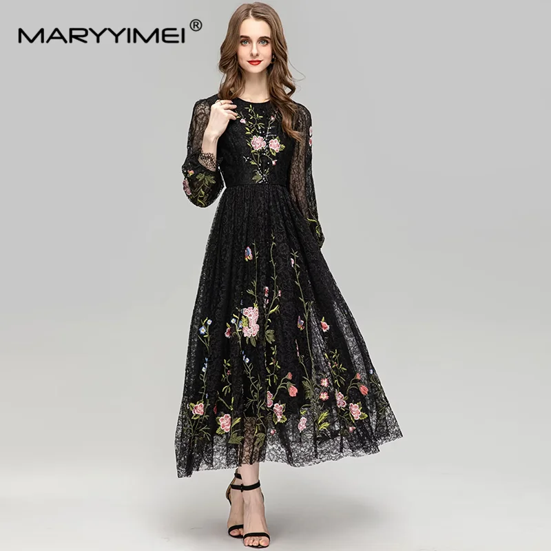 

MARYYIMEI Summer Women's Dress Lace Embroidery Sequins Lantern Sleeved High Waiste Vintage Elegant Evening Dresses