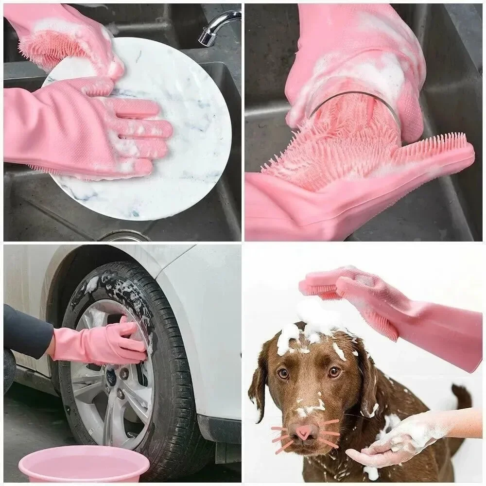 Dishwashing Cleaning Gloves Silicone Rubber Dish Washing Gloves for Household Sponge Scrubber Pet Grooming Cleaning Gloves