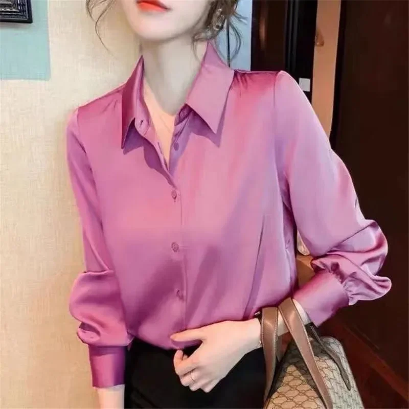 

Silk Korean Office Ladies Elegant Shirt Blouse Women Fashion Button Up Satin Shirt Vintage White Long Sleeve Shirts Tops 113555