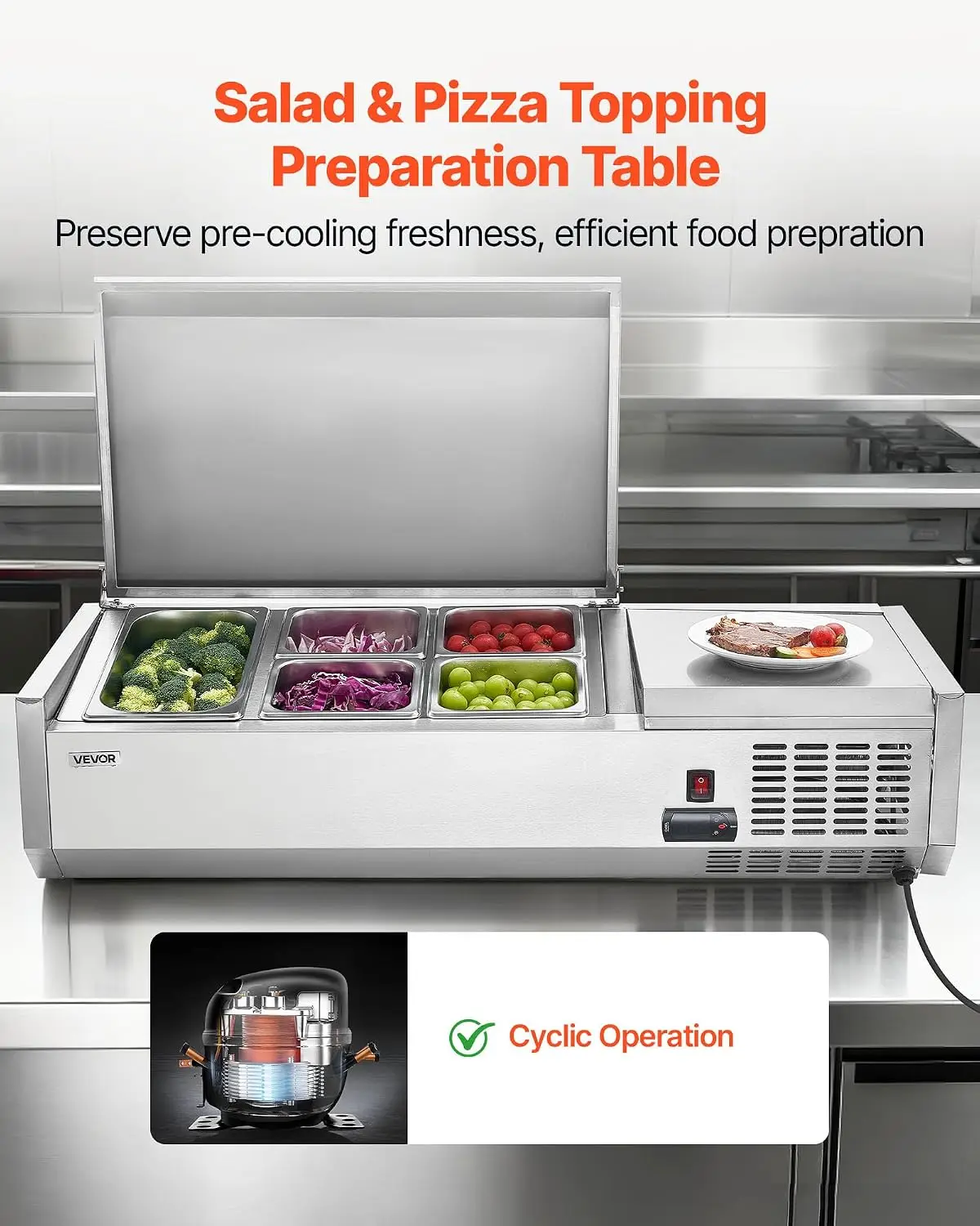 Refrigerated Condiment Prep Station, 120W Countertop, One 1/3 Pan and Four 1/6 Pans, 304 Stainless Body, PC Lid, Sandwich Prep T