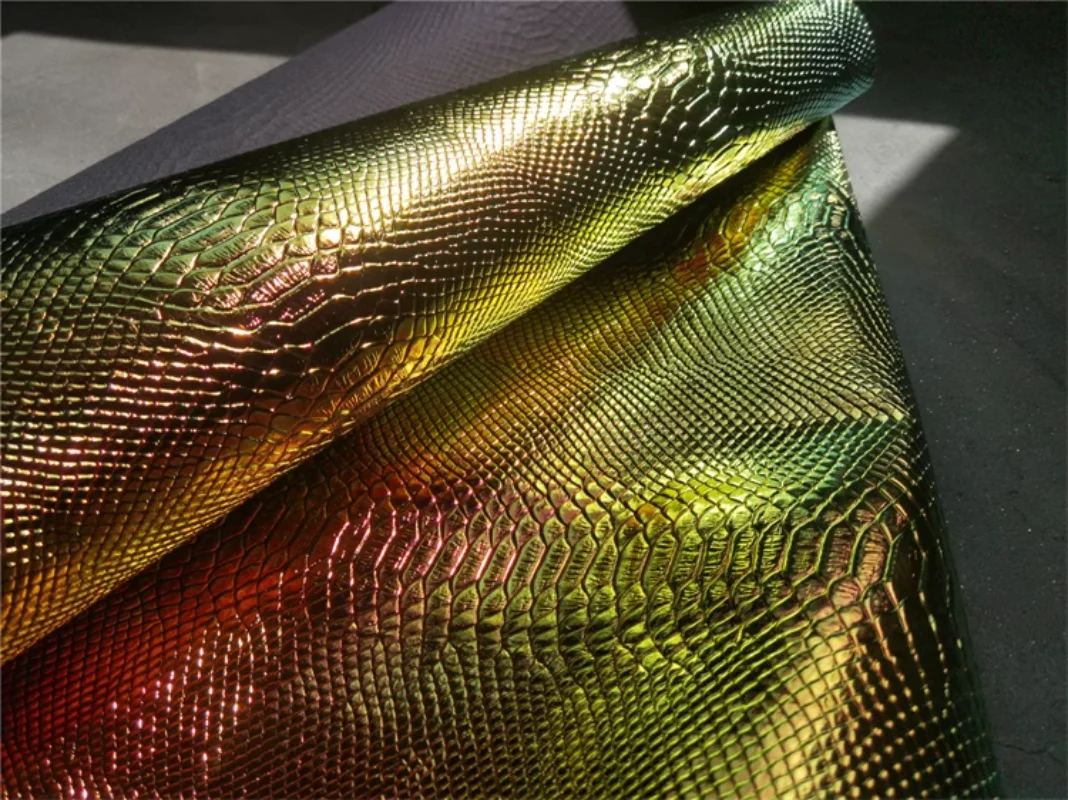 Snake Skin Grains Leather Fabric Gold Green Gradient DIY Patches Bag Decor Stage Cosplay Dress Clothes Designer Fabric