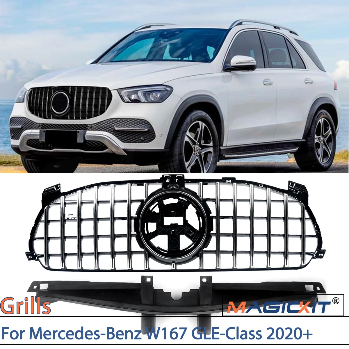 MAGICKIT 2020-2022 Grille W167 Front Grille Bumper Grill Hood Mesh for Mercedes-Benz C167 X167 Benz GLE350 300d 450 Accessories