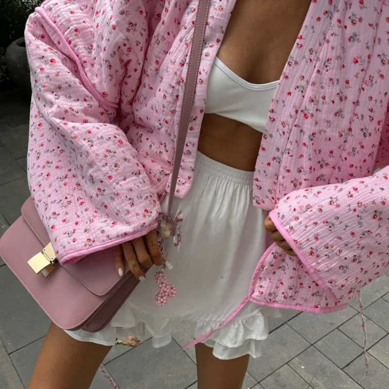Französischer Stil Rosa Blumenmuster Gaze-Wickelbluse Damen V-Ausschnitt Langarm Vorne Gebunden Lässiger Loser Kimono Cardigan Hemd Top 2026 – Detail 11