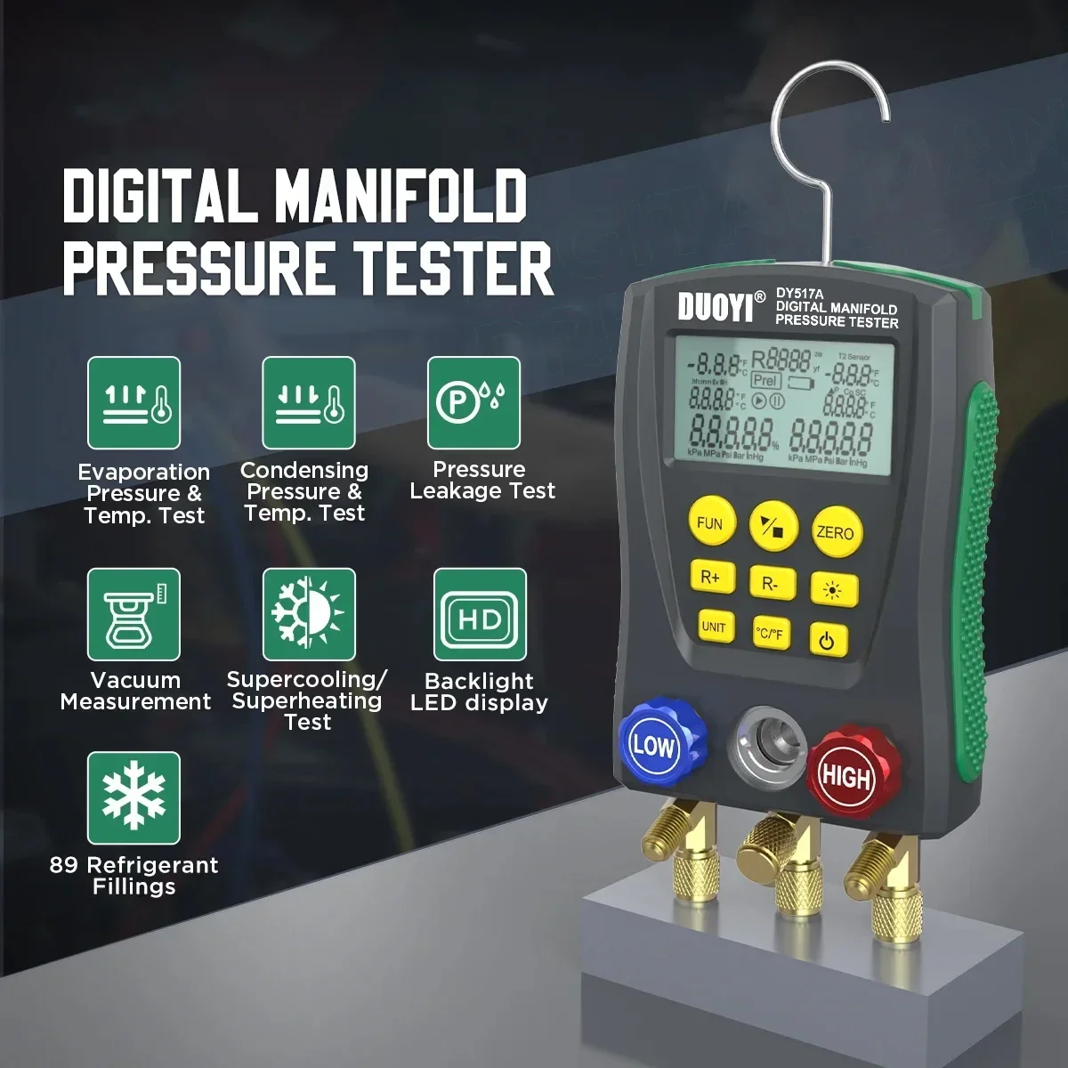 DY517 manometro refrigerazione Digital Vacuum Pressure collettore Tester aria condizionata Tester di temperatura valvole Tool Kit