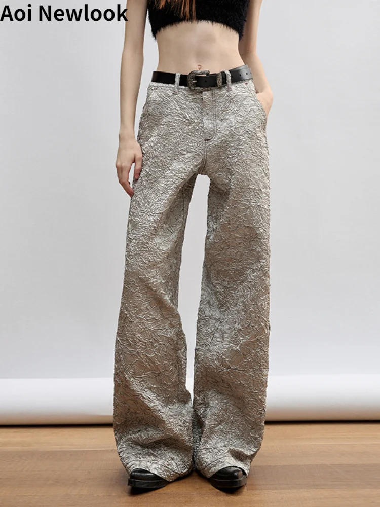 Fashion Vintage Silver White Casual Pants Women Autumn New High Quality Pleated Special Texture Gloss Loose Straight Trousers