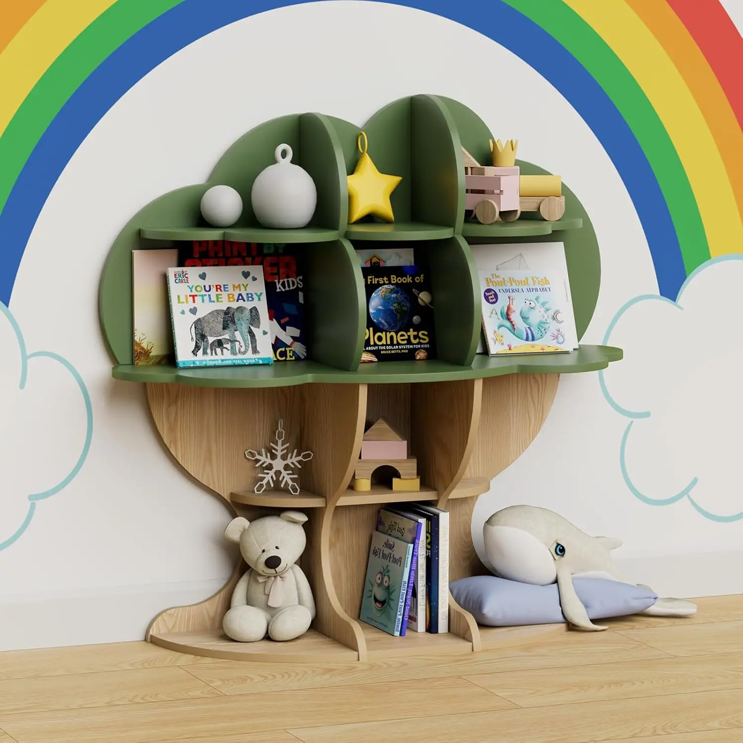 Tree Kids Bookshelf Toddler Bookcase 4-Tier Baby Book Rack Children Toy Storage Organizer Wood Display Shelf for Nursery Playroo