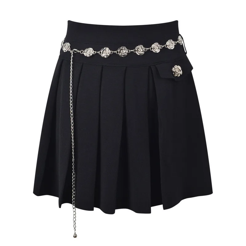 CHUJIE Women's Dress Set 2025 Spring/Summer New French Round Neck Flower Button Short Sleeved Top+Flower Chain+pleated Skirt