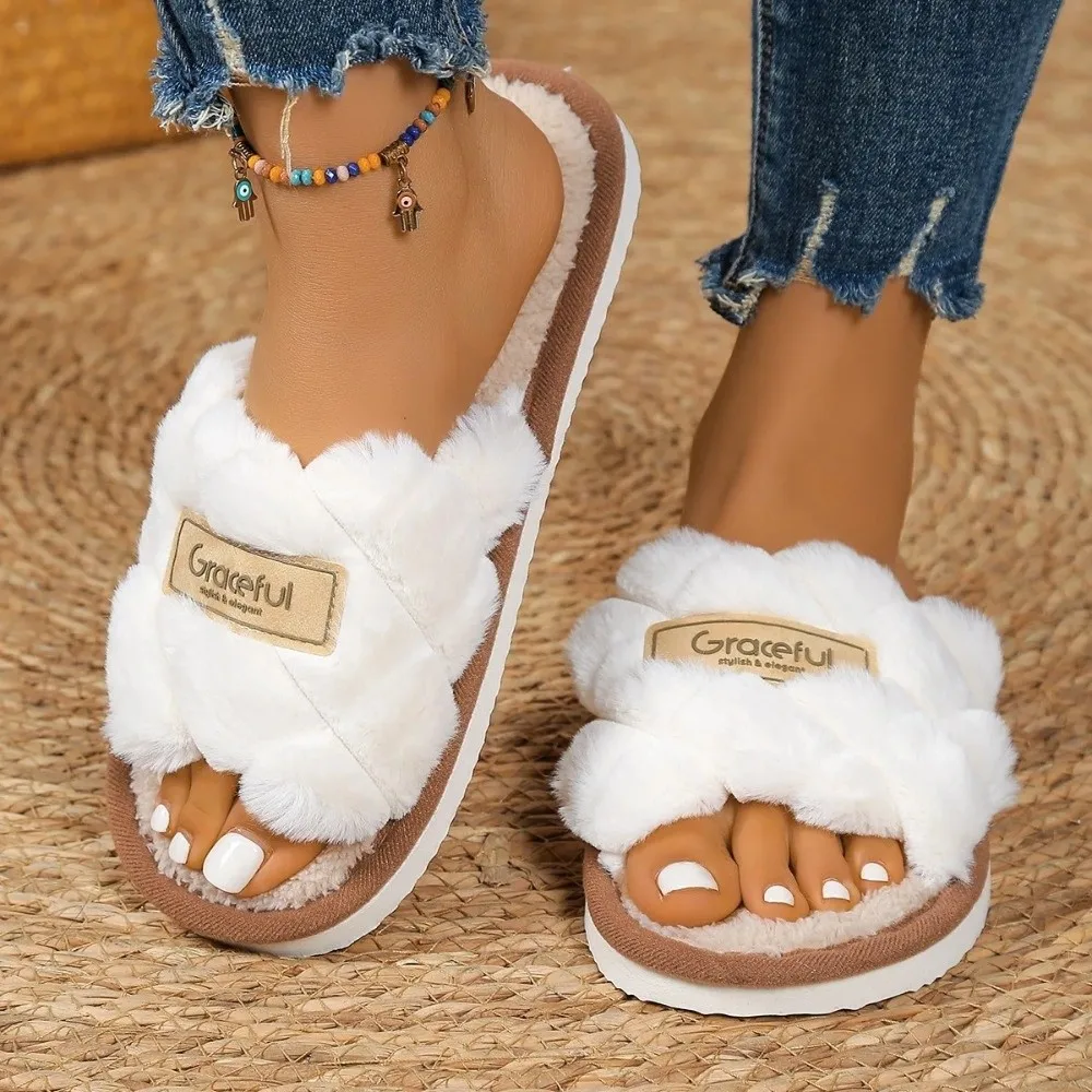

1Pair Casual Open Toe Fluffy Slippers Flat Bottom Soft Sole Home Slippers Keep Warm Non-Slip Women's Slippers for Home&Travel