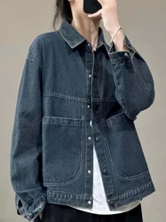 Retro Turn-down Collar Short Women Denim Coat Autumn Casual Versatile Pockets Single Breasted Loose Simple All-match Female Tops