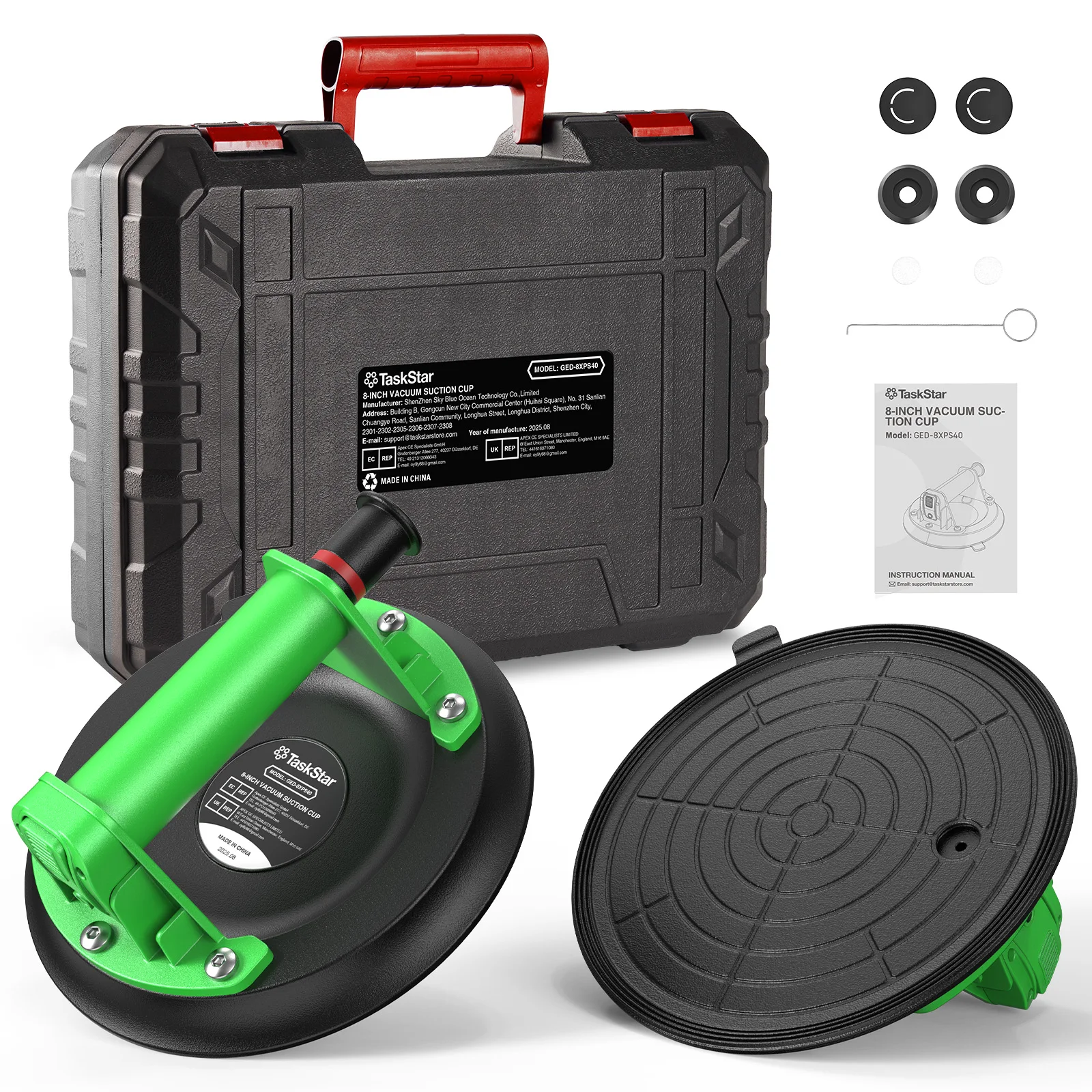 TaskStar Lot de 2 ventouses manuelles de 8 pouces pour le levage de carreaux, verre, granit, métal, capacité de charge de 200 kg, ventouse à vide robuste avec poignée en plastique antidérapante