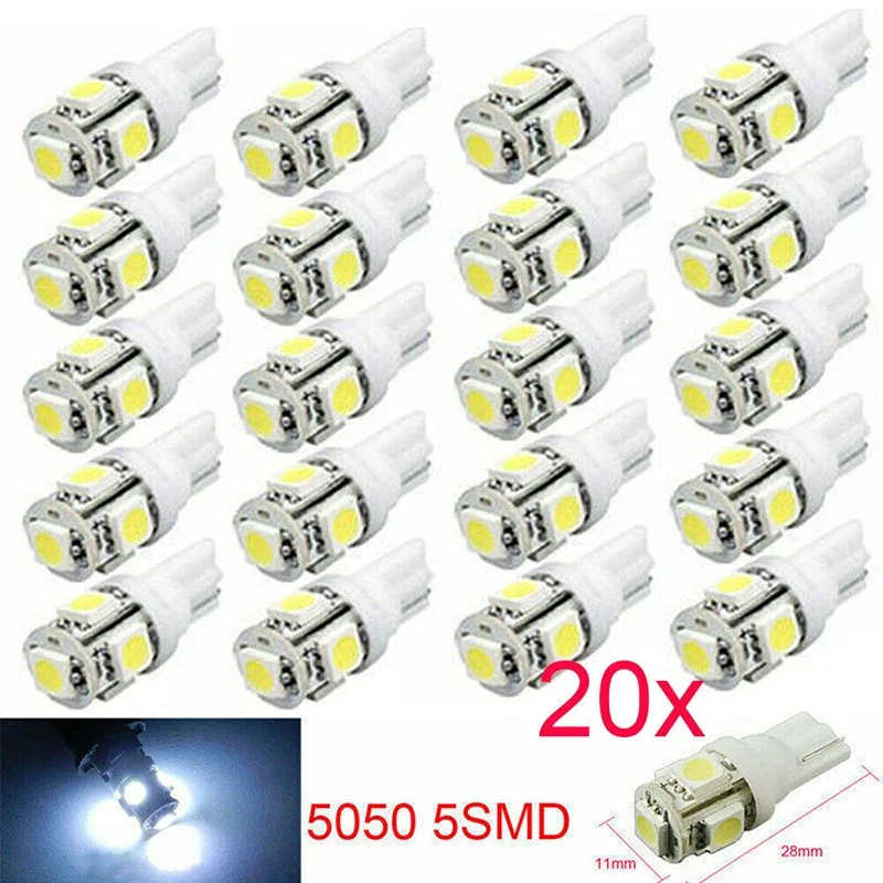 

20Pcs Led Car Lights High Brightness 12V T10 5050 5-SMD White License Plate Interior LED Reading Light 6000K 5W Signal Bulb Lamp