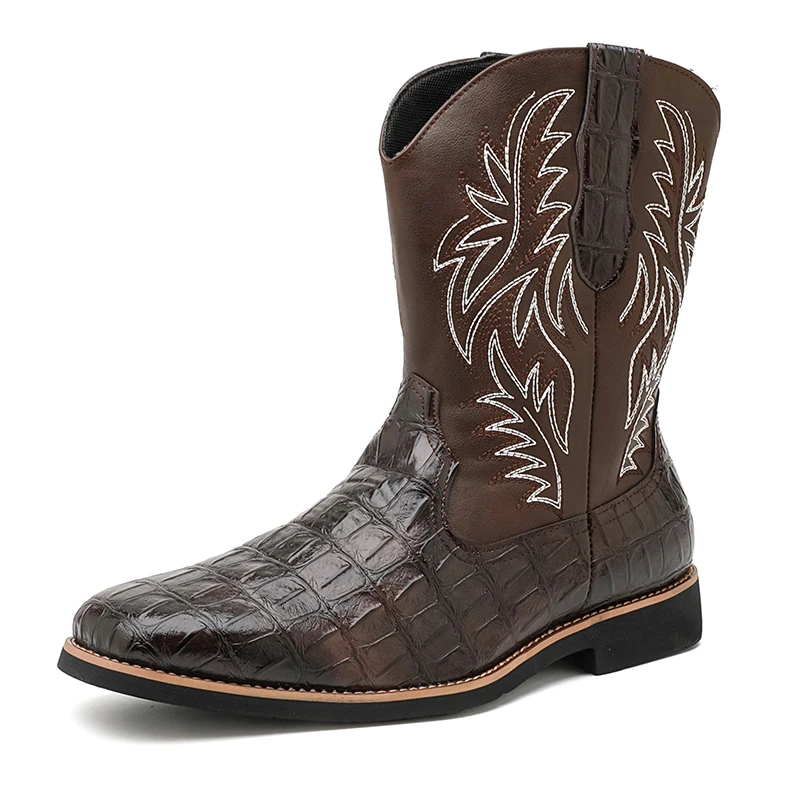 

Men High Top Boots PU Low Heel Pointed Toe Trendy Western Cowboy Boots Size 38-46