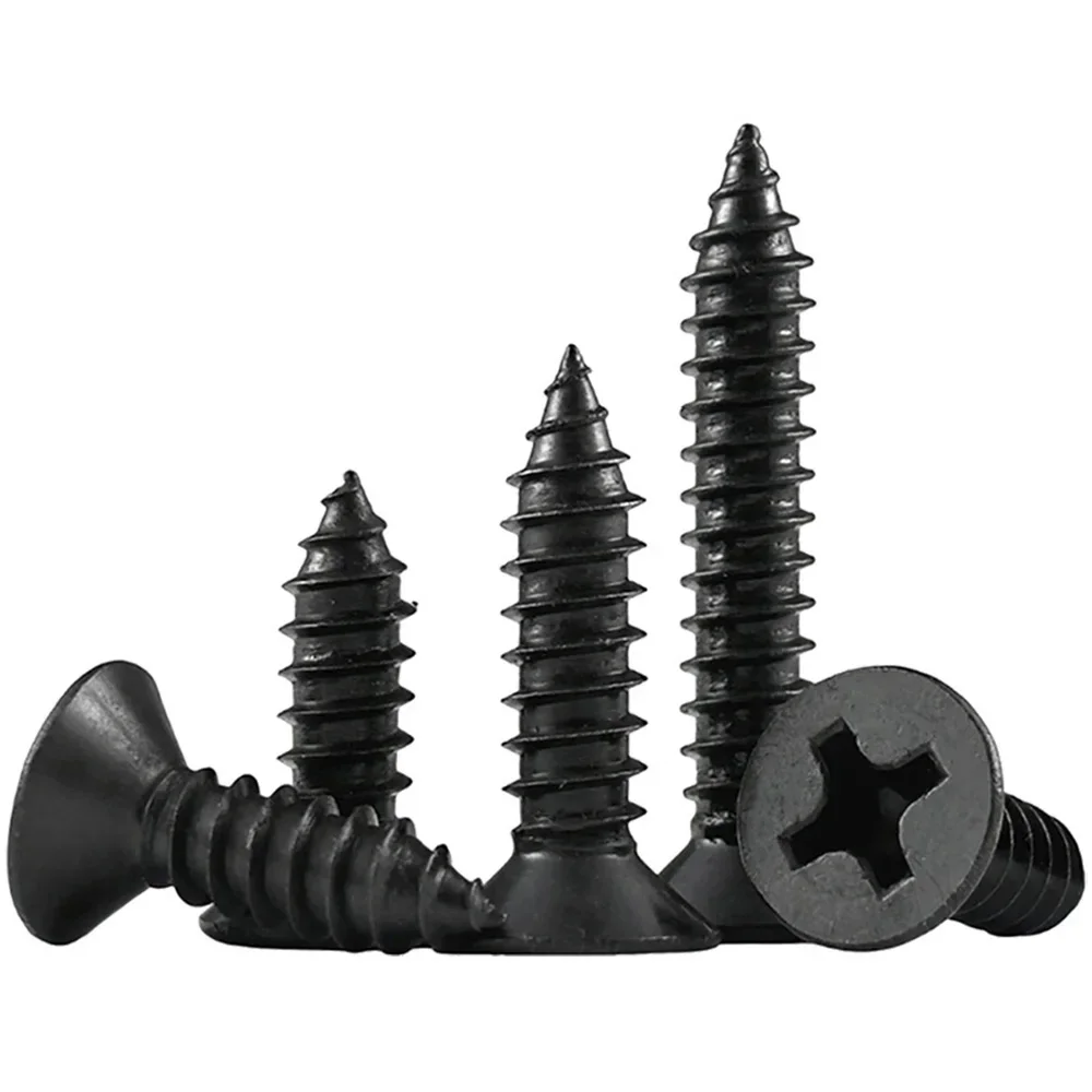 100pcs Black 304 A2-70 Stainless Steel M1.7 M2 M2.5 Cross Phillips Flat Countersunk Head Self Tapping Wood Screw GB846