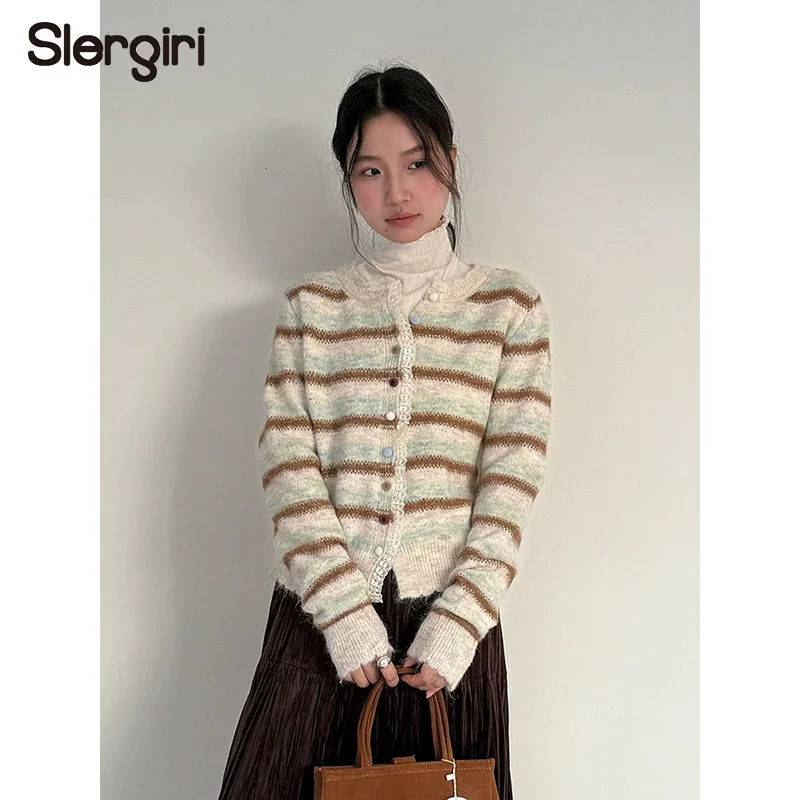 

Slergiri полосатый вязаный свитер с длинными рукавами для женщин, модная новинка 2025, осень-зима, однобортный повседневный вязаный кардиган