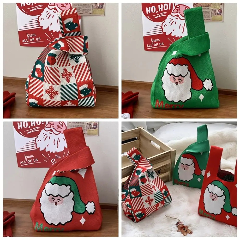 Borsa da polso con nodo regalo di Natale alla moda Borsa a secchiello in lana di Babbo Natale Borsa lavorata a maglia di Natale Borsa per caramelle in tessuto Borsa per studenti