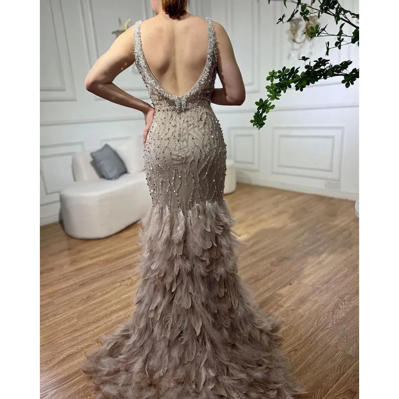 Sexy Mermaid Evening dress High section V-neck feather beaded Cocktail dress Sleeveless floor to floor tulle fabric party dress