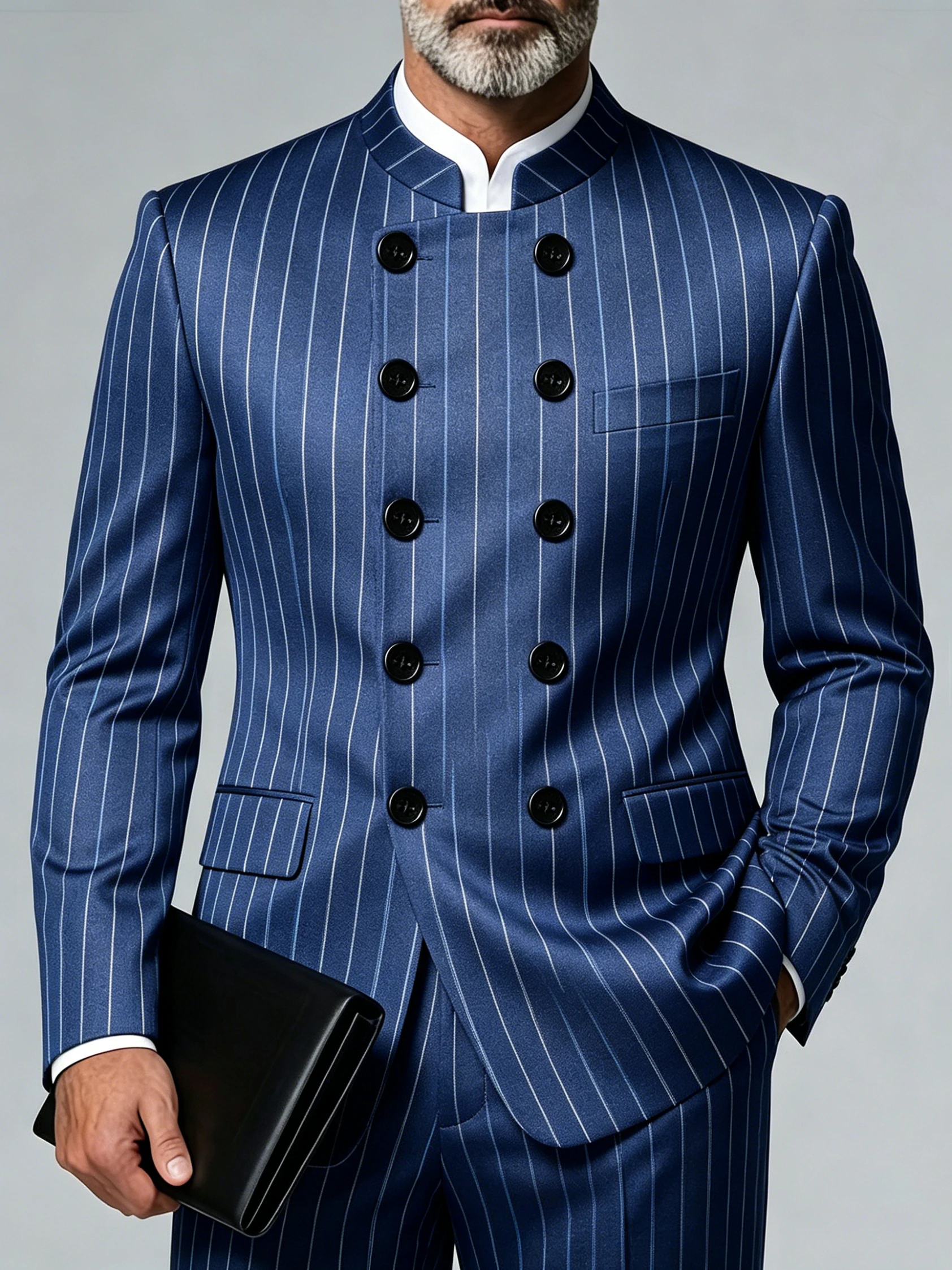 Men's Plus Size Blazer Mandarin Collar Double Breasted Slim Fit Pinstripe Luxury Jacket For Business Wedding Party Banquet