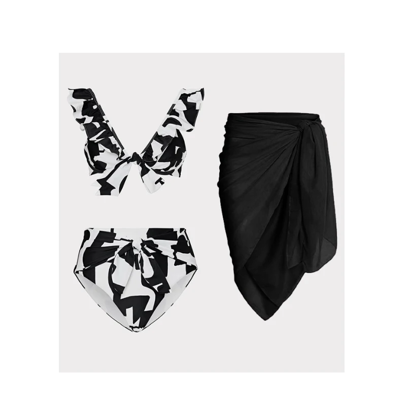 2023 Sexy Summer Black Print Bikini Set Lady Beachwear Ruffle Design Swimsuit Swimming Swimwear Bow-tie Cloth with Skirt Pants