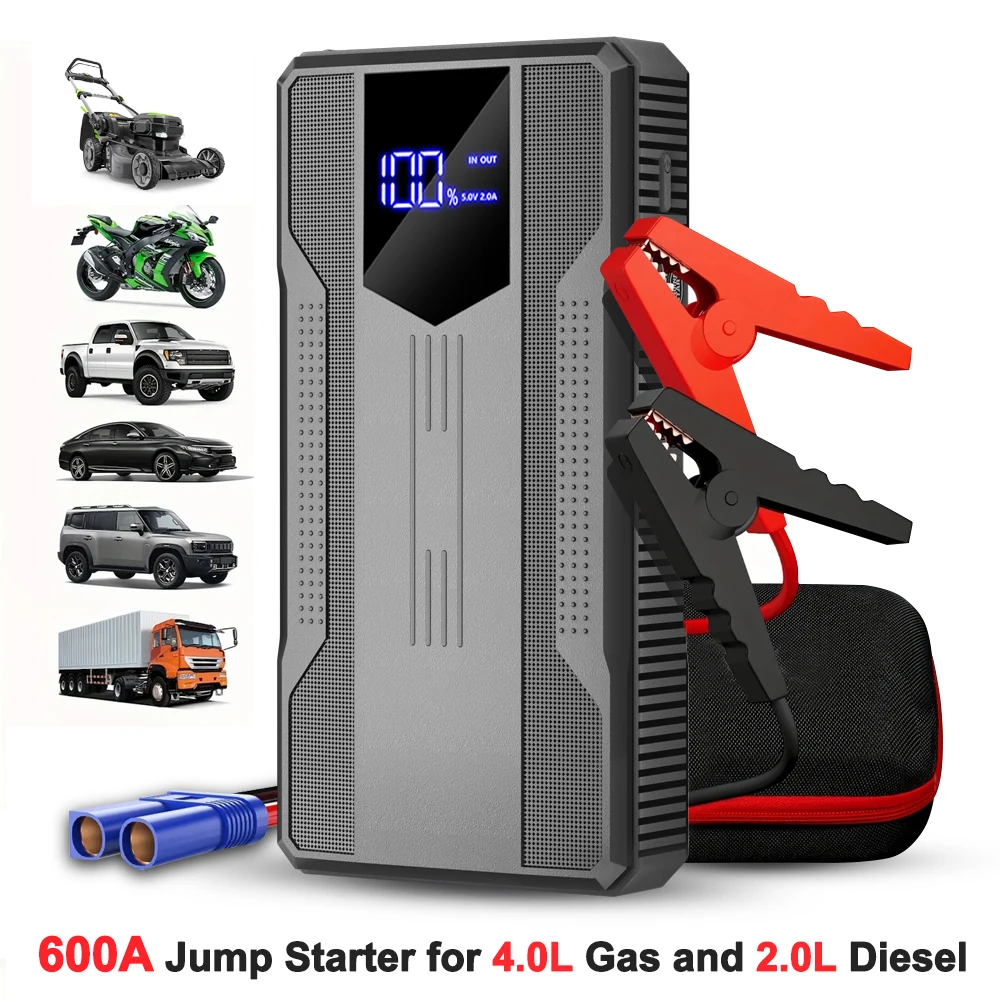 Car Jump Starter Battery Start Up Emergency Clip Starting Power Bank Booster Repair Tools For SUV RV Truck Motorcycle Universal Auto Accessories 6400mAh 12V 600A