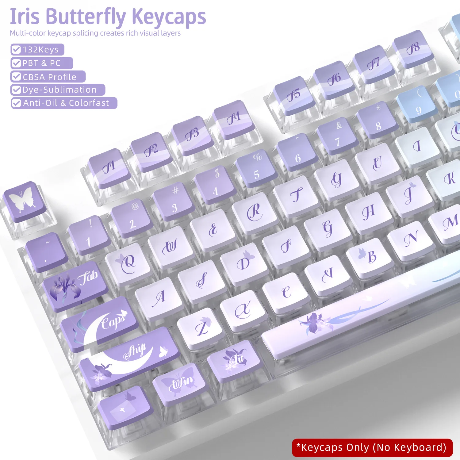 

[Four-sided transparent white background - Iris butterfly] PC + PBT hot sublimation boxed mechanical keyboard keycap small full