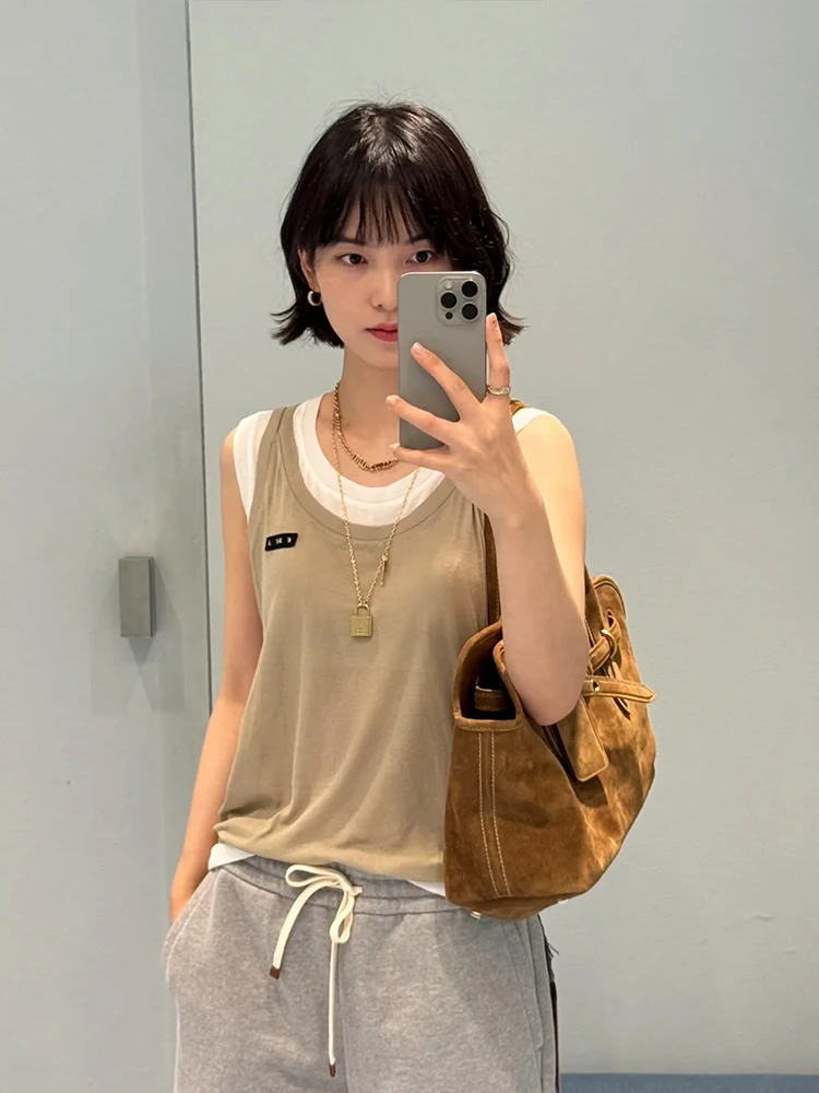 

Женская майка с буквенным узором, свободный базовый слой irt Miu Sle, одинаковый комплект, повседневный цельный комплект для поездок на работу, лето 2025 г.