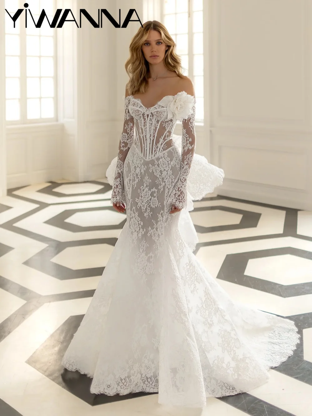 

New Arrival Lace 3D Floral Wedding Dress Off Shoulder Mermaid Long Bridal Gown Customized Dreamy Backless Dresses For Bride