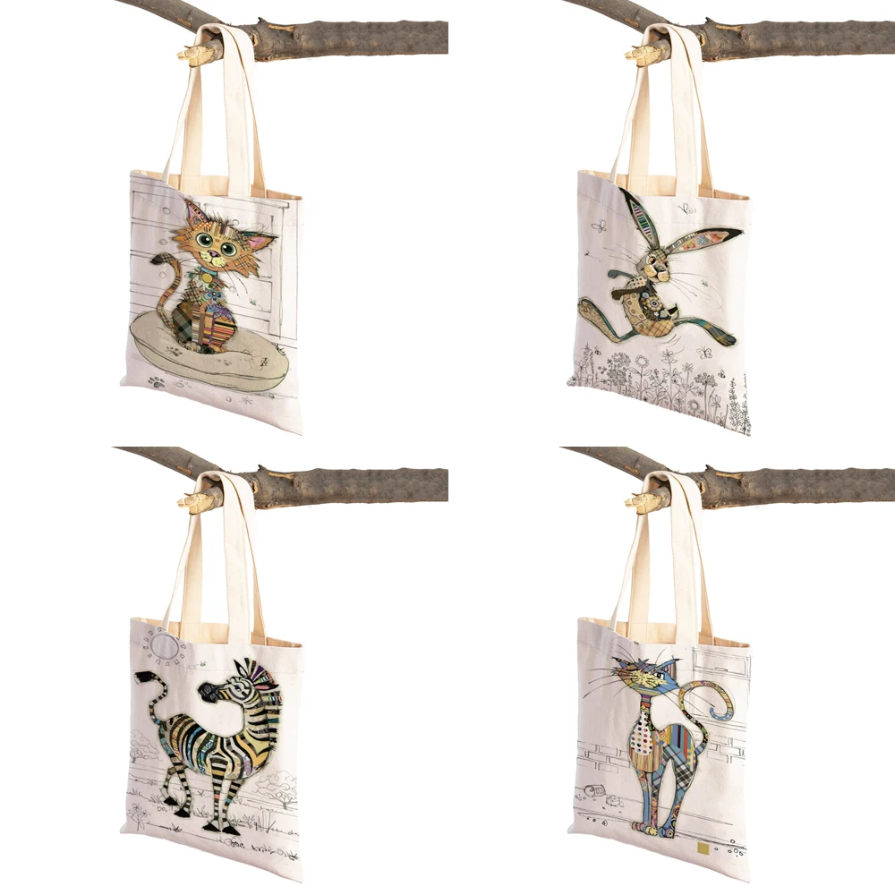 Casual Cartoon Animal Art Women Shopping Shoulder Bag Monkey Elephant Cat Dog Canvas Foldable Reusable Cloth Lady Tote Handbag