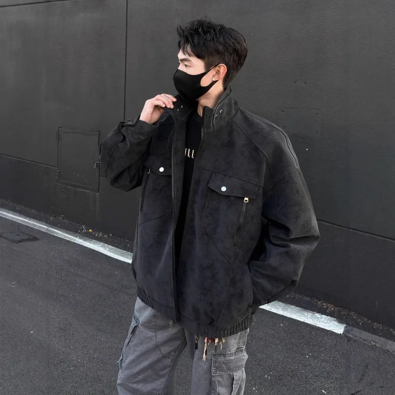 Jaqueta de couro pu masculina outono e inverno gola alta americana retrô roupa de trabalho jaqueta de couro masculina roupas masculinas