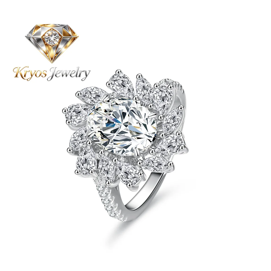 

Kryos Jewelry Women's 2 Carat Unique Shape Moissanite Ring - PT950 Platinum Bold Setting, Fancy Design, Chic Accessory