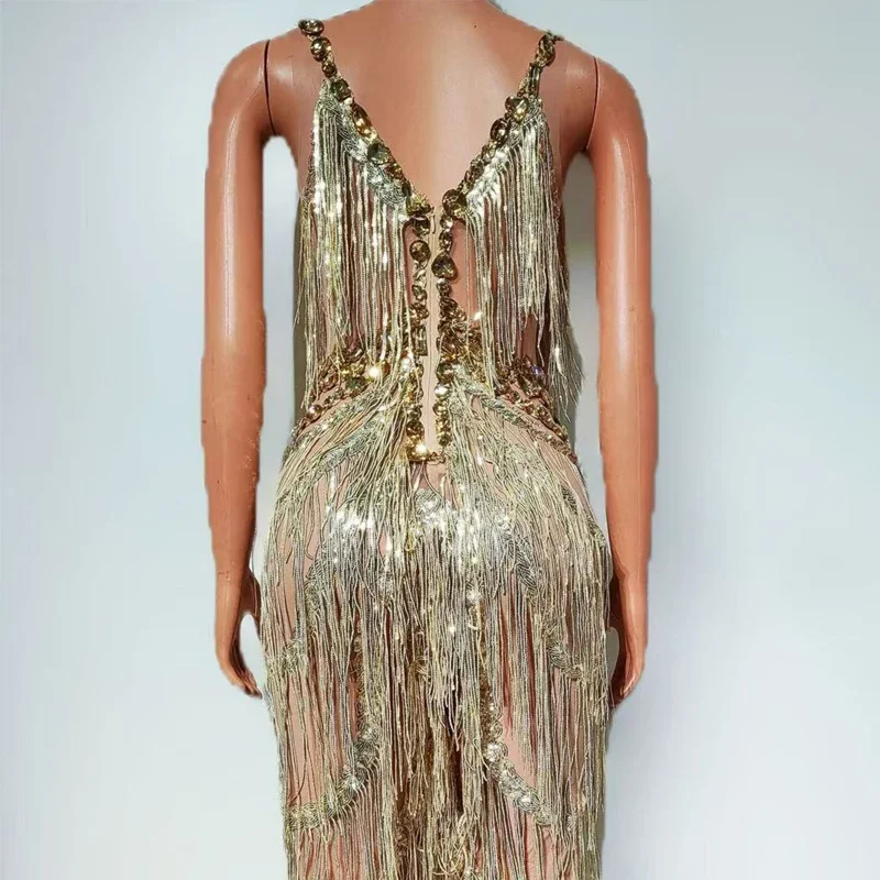 Drag Queen Outfit Gold Strass Vollfransen Overall Frauen Sexy Gogo Tänzerin Kostüme Bühne Dj Ds Pole Dance Clubwear