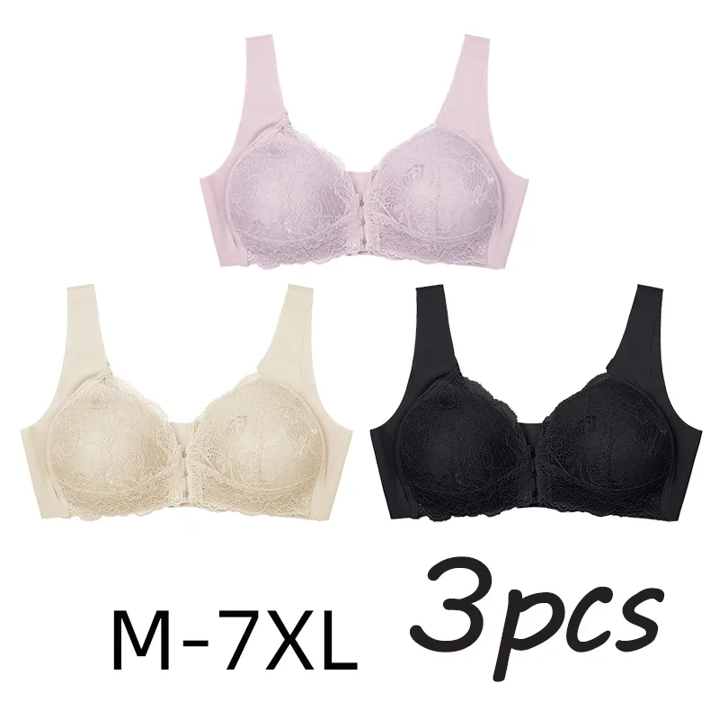 

3PCS Plus Size Bra Sexy Bralette Crop Top Underwear Push Up M-7XL Seamless Bra Lace Front Closure Brassiere Lingerie Female