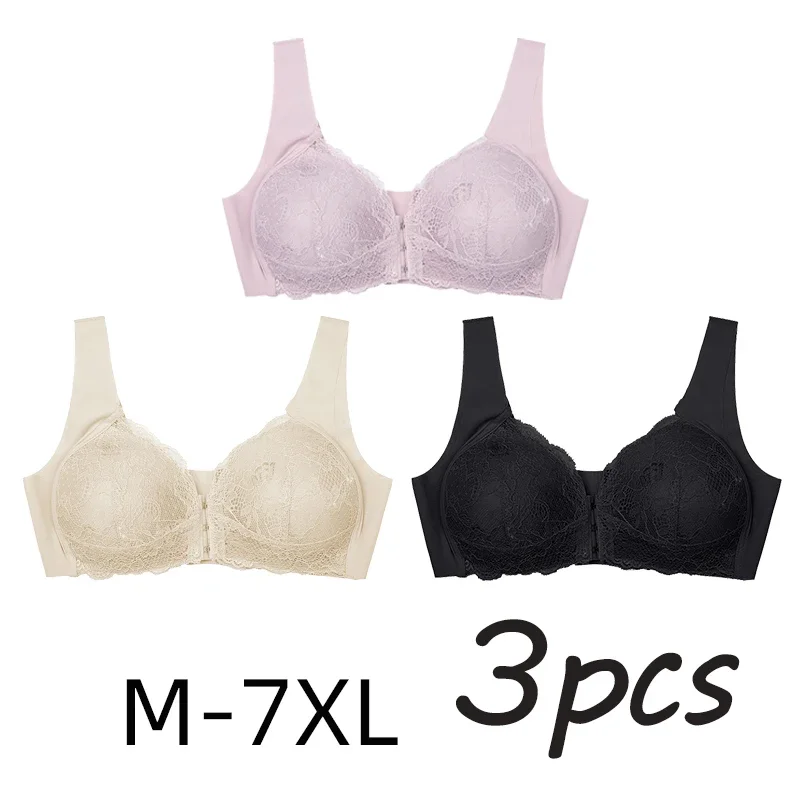 3PCS Sexy Front Closure Bralette Lace Plus Size Bra Female Lingerie M-7XL Push Up Underwear Crop Top Intimate Seamless Brassiere