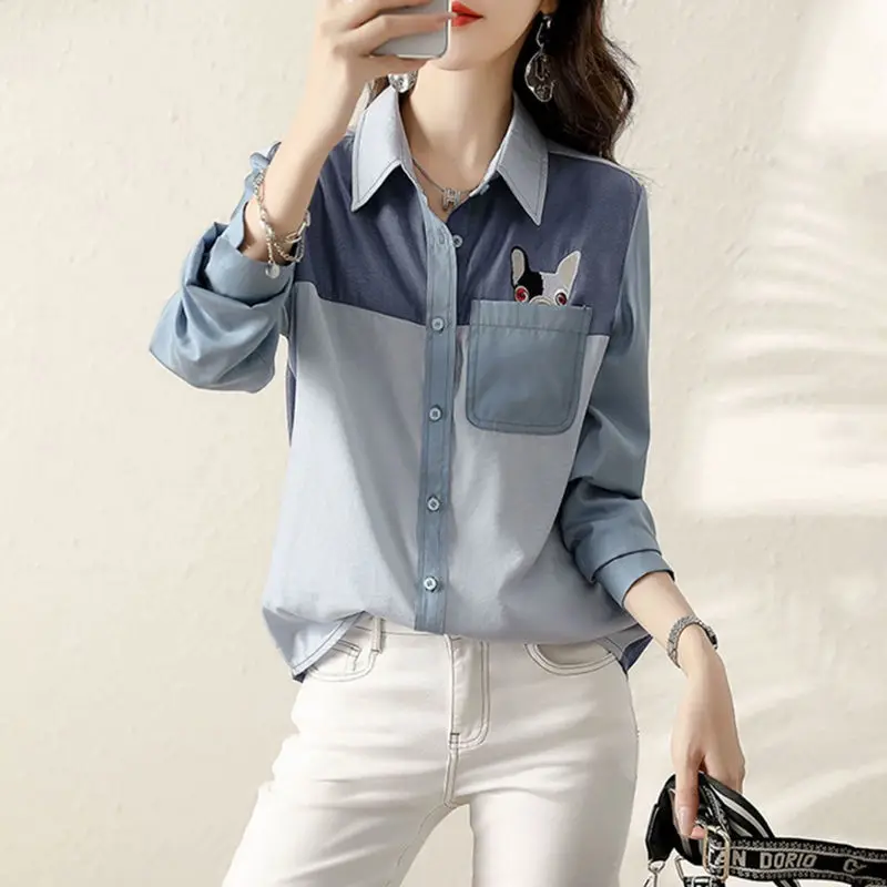 Office Lady Turn-down Collar Button Patchwork Pockets Spring Autumn Women\'s Clothing Fashion Straight Loose Long Sleeved Blouses