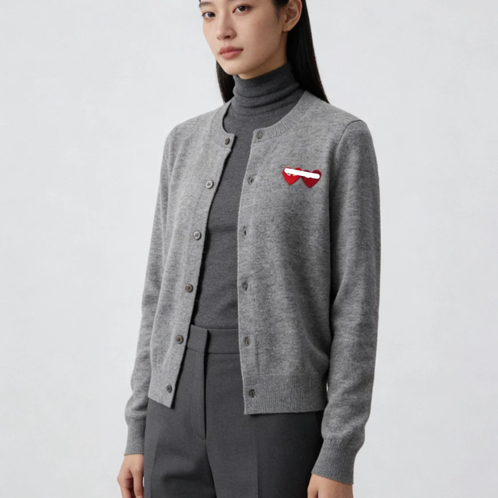 Chuanjiu Shuangxin 100% Australian Wool Open Cardigan Women's Short Single Button round Neck Knitted Sweater  Grey Jacket
