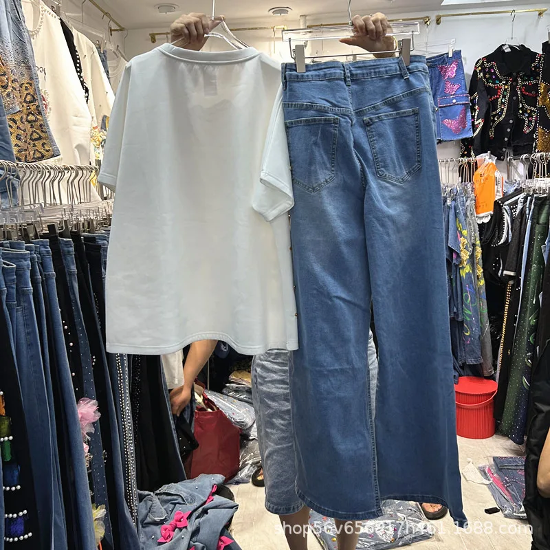 Trendy Women Two-piece Set Spring Summer Sequins Butterfly White Short Sleeve T-shirt Top+High Waist Wide Leg Loose Denim Pants