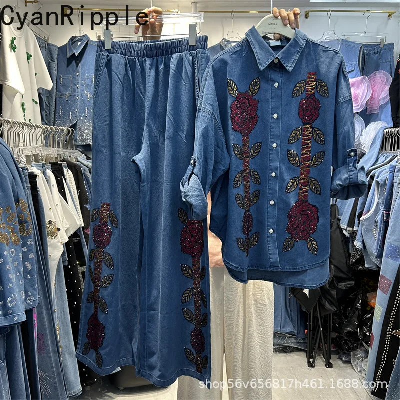 

Модный весенне-осенний женский джинсовый комплект: кардиган с длинными рукавами и стразами в форме розы + брюки с широкими штанинами на резинке