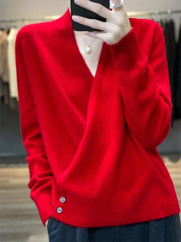 2023 Autumn And Winter New Wool Sweater Women 100% Wool Loose Soft V-neck Knitted Cardigan Design Sense Niche And Collar Sweate