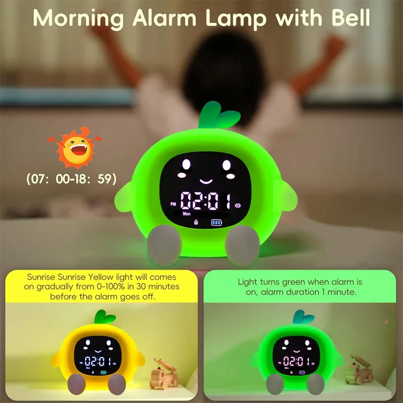 Fruit-Shape LED USB Charging Alarm Clock for Kids Cute Touch Night Light Sleep Training Clock for Toddler's Bedroom