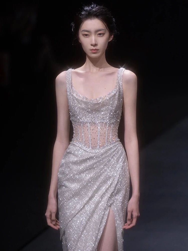 

Изысканное вечернее платье с богатой отделкой, сексуальное, с пайетками, серебристое, без бретелек, по индивидуальному заказу для свадьбы и вечеринки