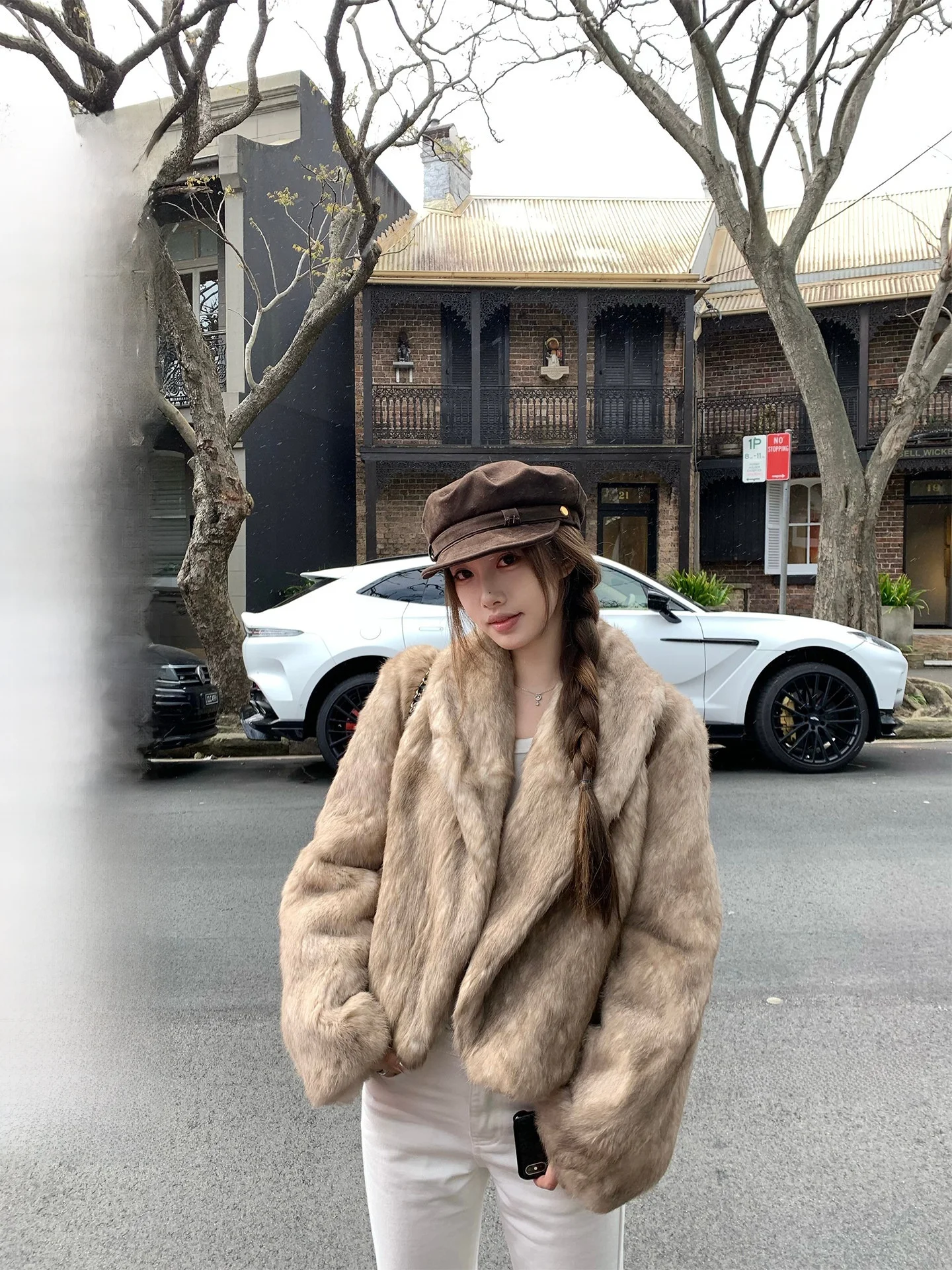 

Chestnut 's Rabbit Fur Coat Women's Vintage Style Long Sleeve Short Length Polyester Lined Rabbit Skin Whole Skin Plaid
