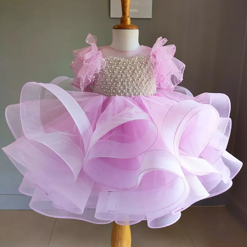 Girls Pearl Princess Tutu Dress Flower Girl Wedding Birthday Host Gown Childrens Piano Performance Outfit Pageant Formal Attire