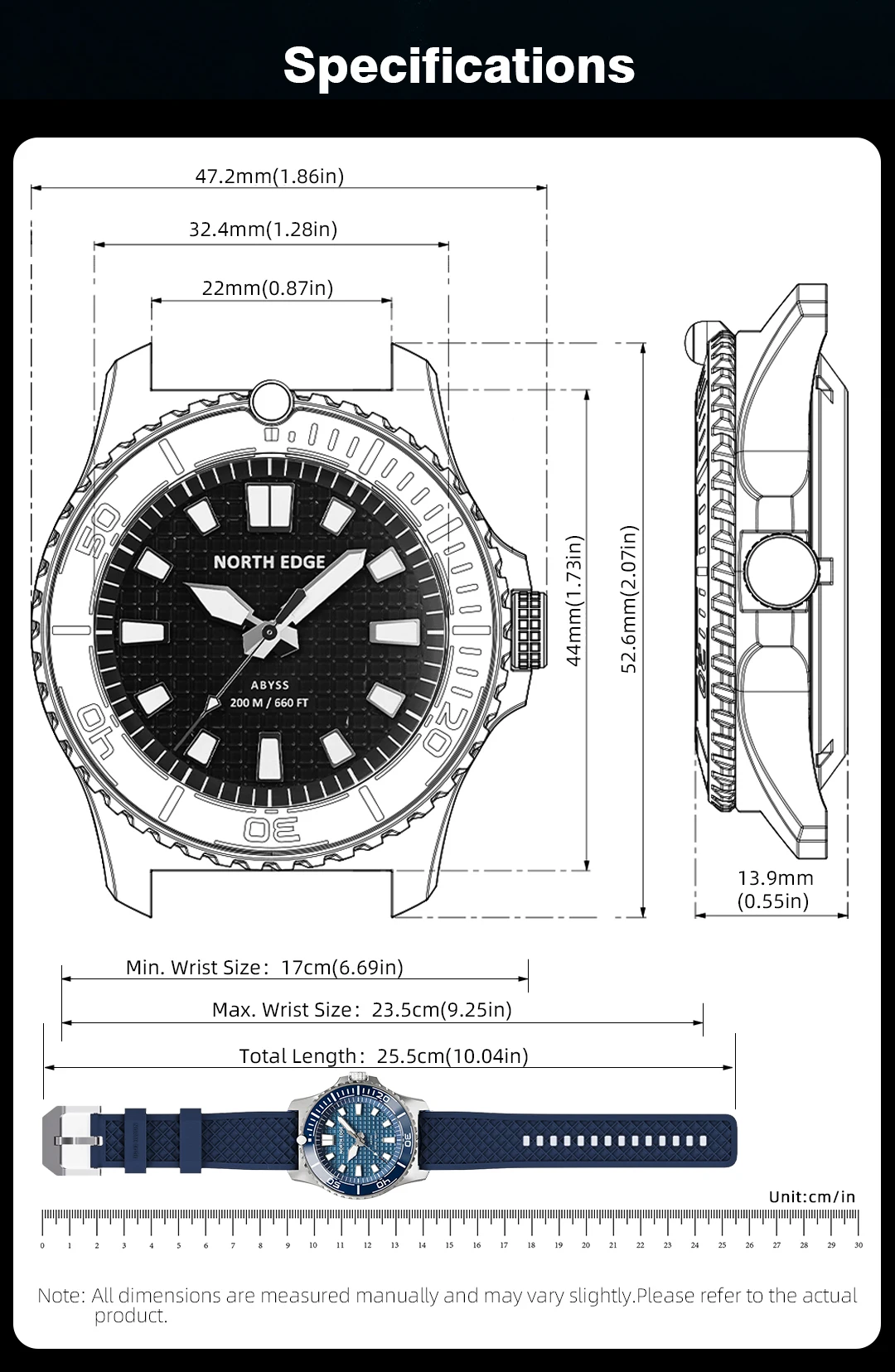 NORTH EDGE ABYSS Herren Quarzuhr Solarbetriebene Luxusuhr 200M Wasserdichte Taucheruhr 316L Stahlgehäuse 180+ Tage Energievorrat – Detail 15