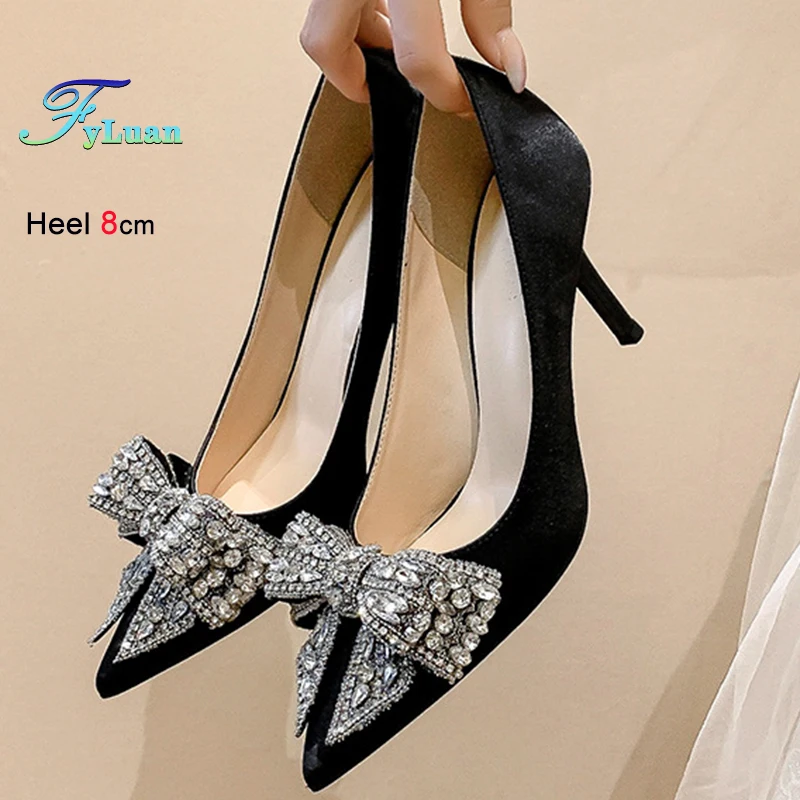 

New Fashion Black Silk Satin Crystal Bow Women's Shoes Thin High Heels 6/8cm Pointed Toe Ladies Pumps Elegant Office Dress Shoes