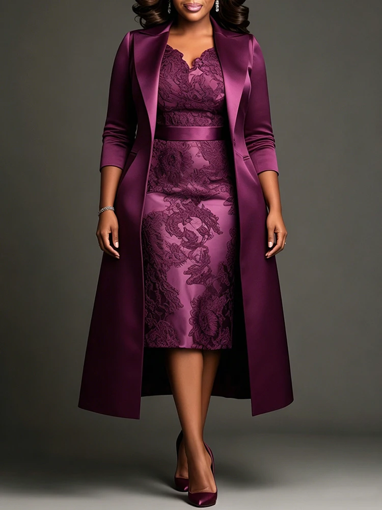 Women Plus Size Satin Midi-Length Jacket Two‑Piece Set Elegant Lapel Long Coat With Lace V‑Neck Midi Party Evening Dresses Sets view 2